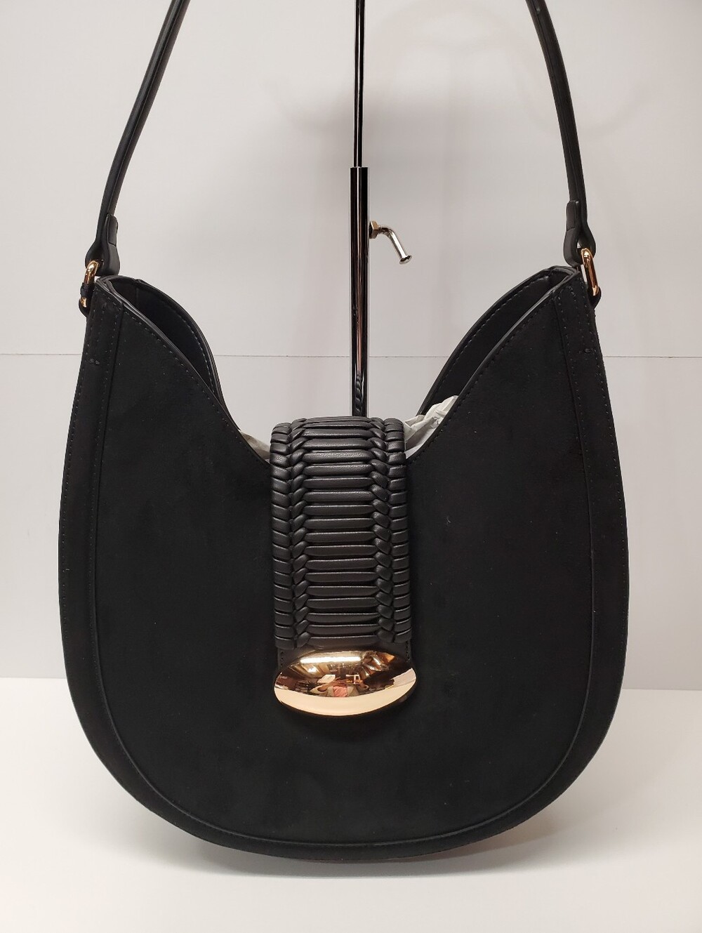 Black Faux Suede Women's Hobo Shoulder Bag with Gold Accent
